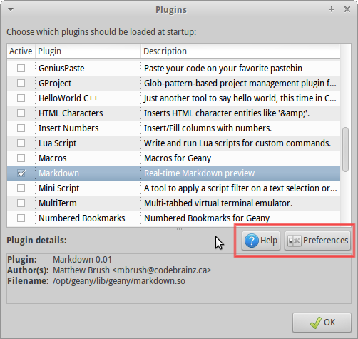 The Plugin Manager dialog showing the Help and Preferences buttons.
