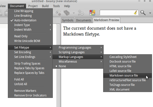 Choosing Document->Set Filetype->Markup Languages->Markdown source file
